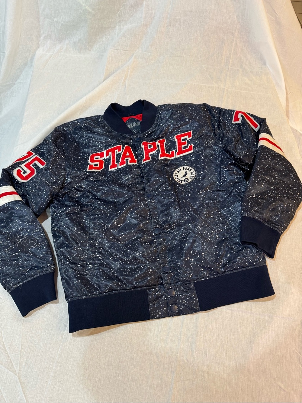 Staple Navy Speckled Bomber Jacket with Red Accents Large
